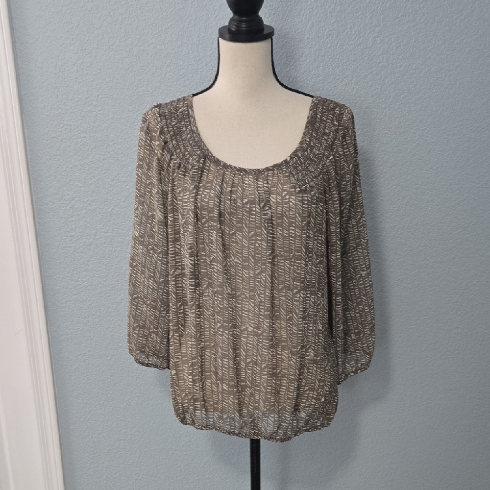 BANANA REPUBLIC Aztec Print RoundBANA Neck Blouse 3/4 Sleeve Tan Sheer Top Sz XL